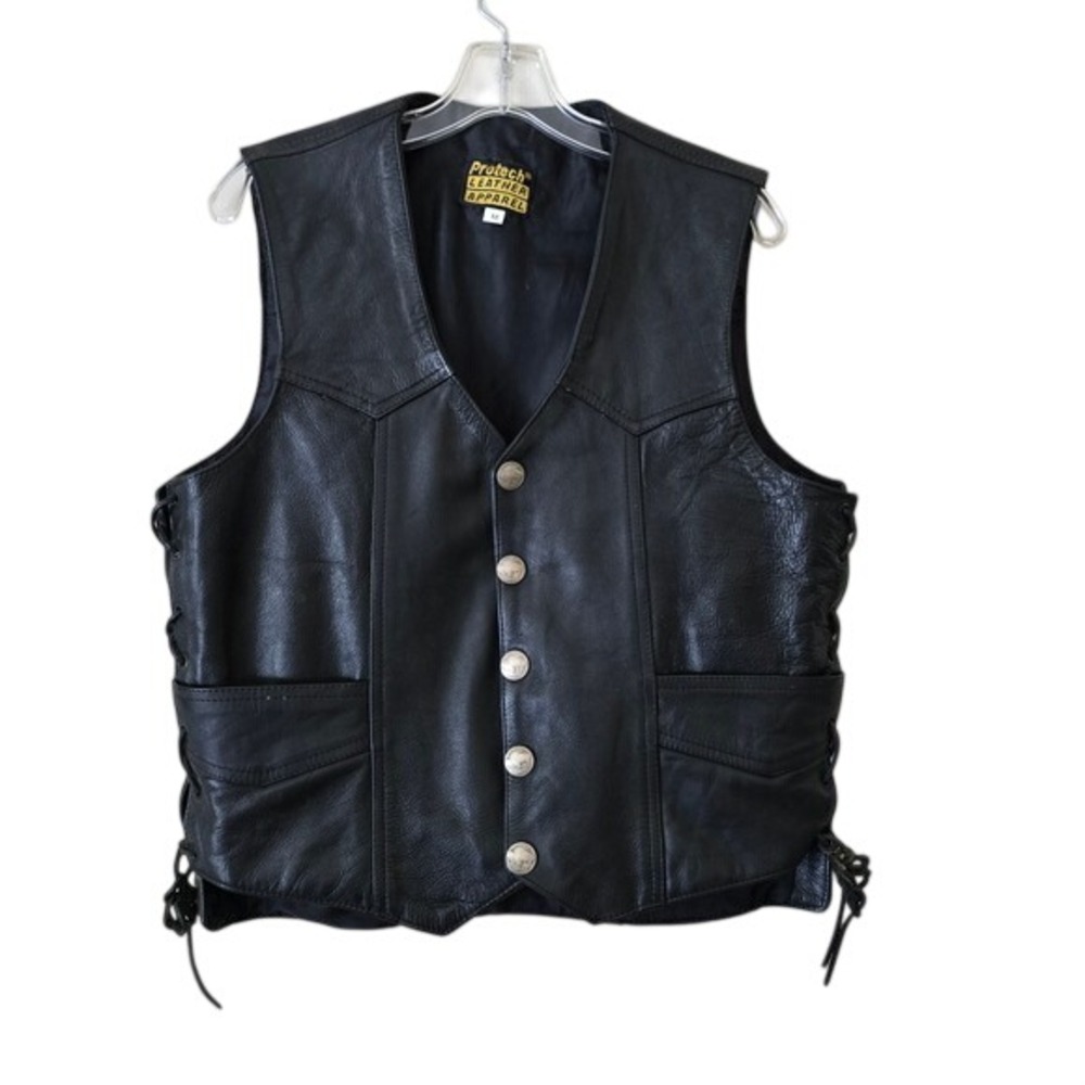 Protech Leather Apparel Mens Black Biker Vest Buffalo Nickel Snaps‎ Lace Up M